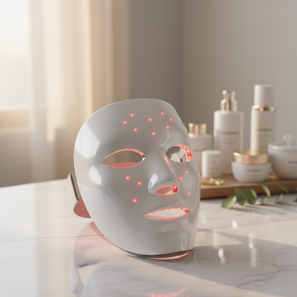 LED Red Light Therapy Face Mask lifestyle photo on bathroom countertop