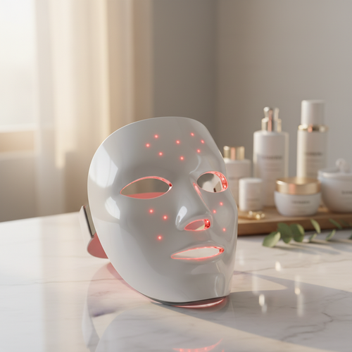LED Red Light Therapy Face Mask lifestyle photo on bathroom countertop