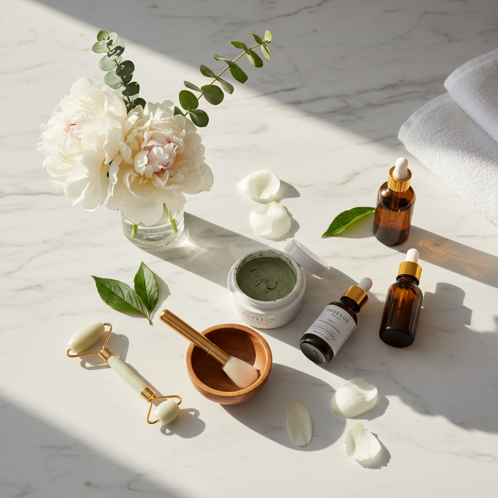 Exfoliating and moisturizing face mask set on marble surface with spa accessories